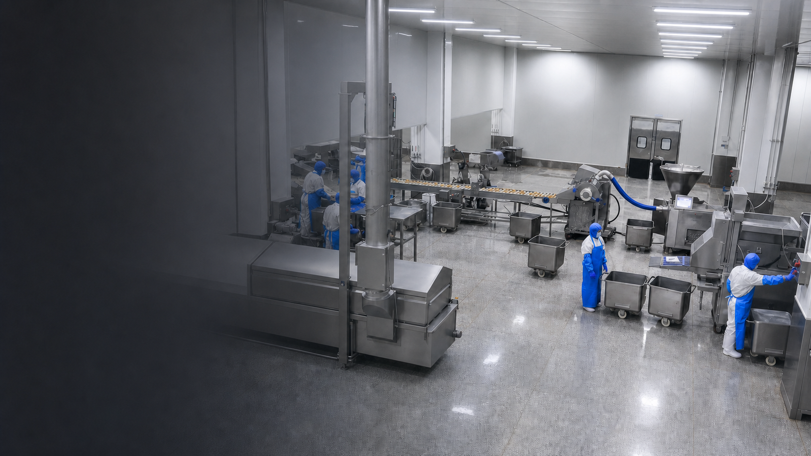 Continuous French fries processing and frying line