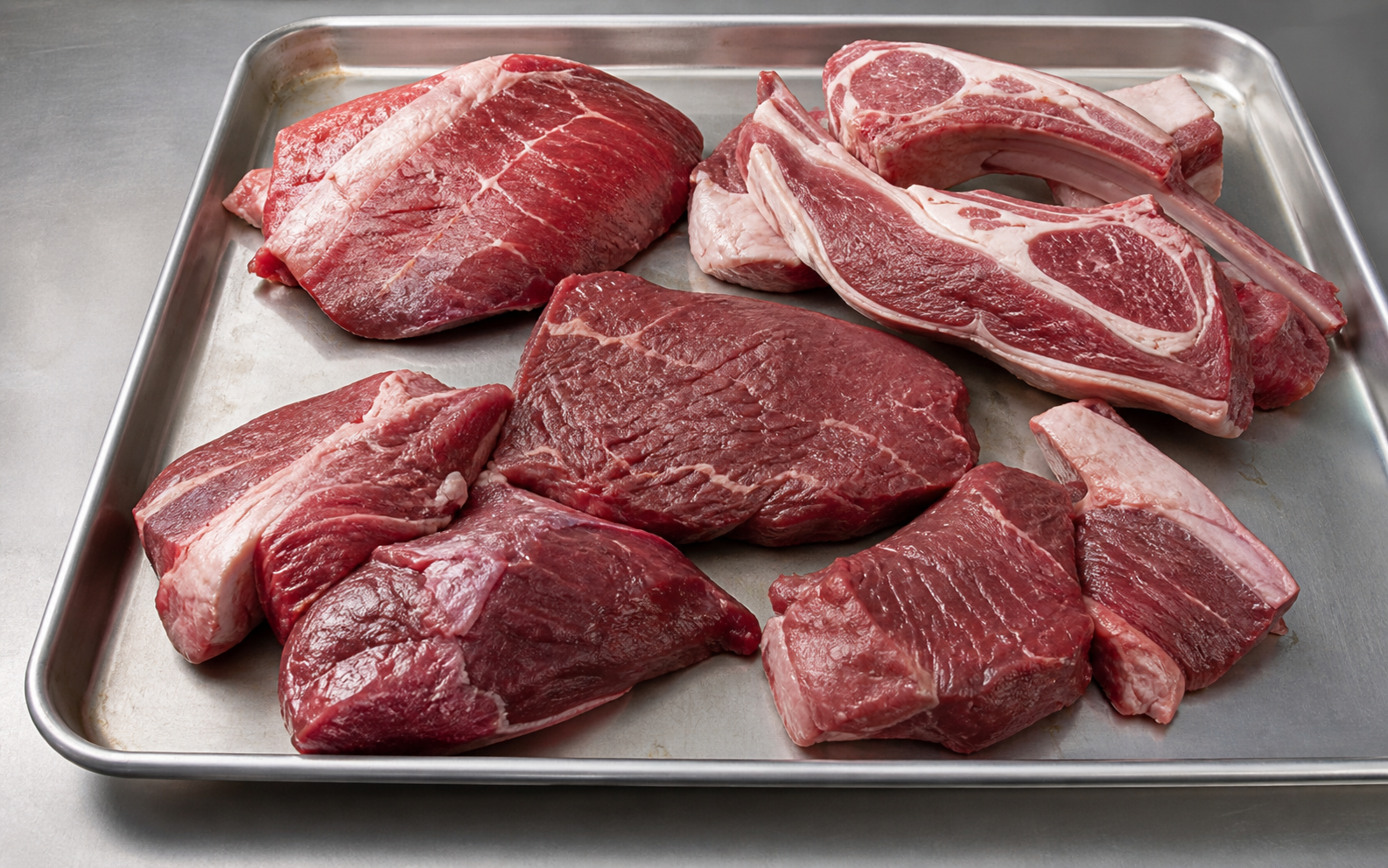 牛羊肉原料在食品级托盘中准备滚揉
