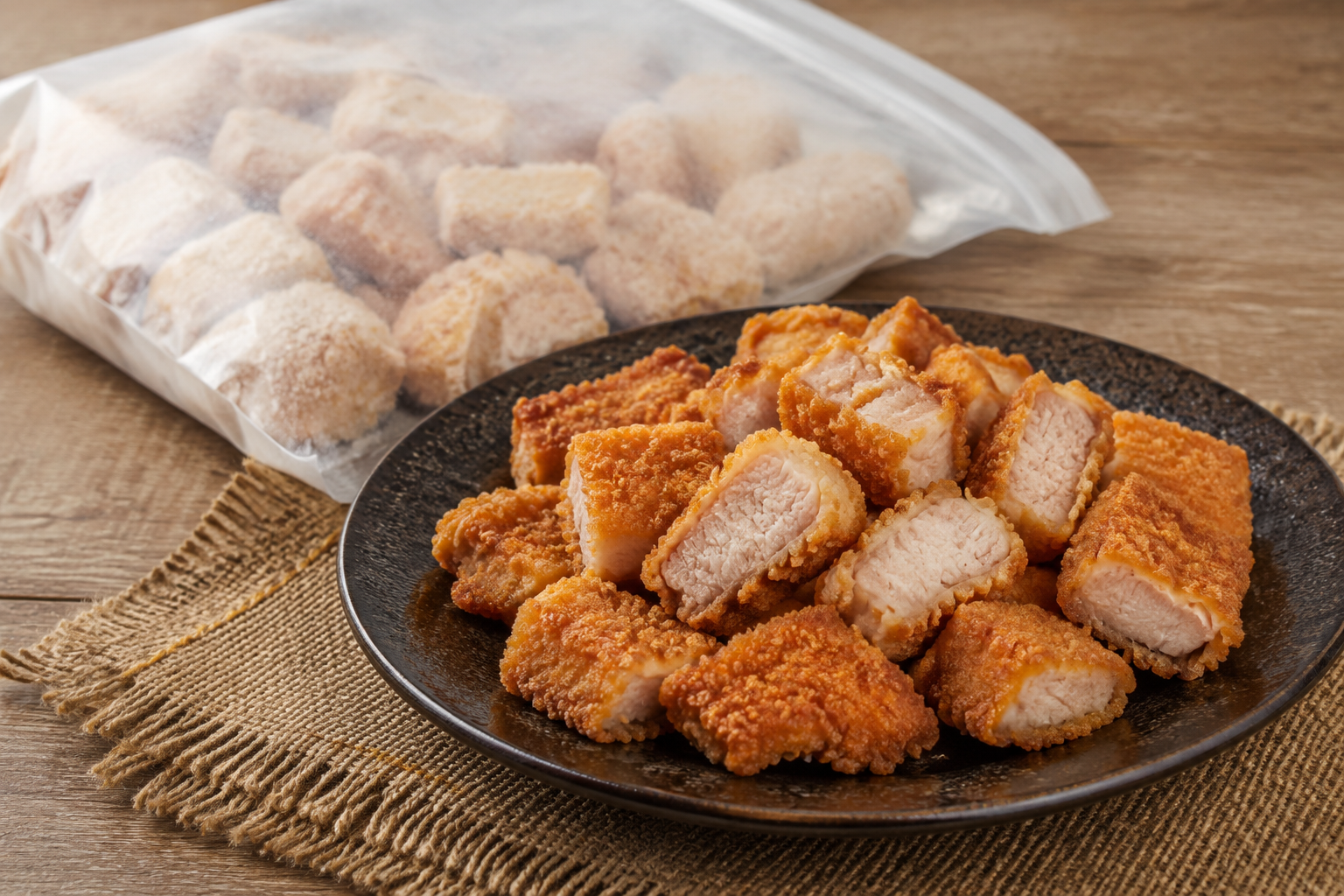 盘装与袋装小酥肉食品陈列视觉
