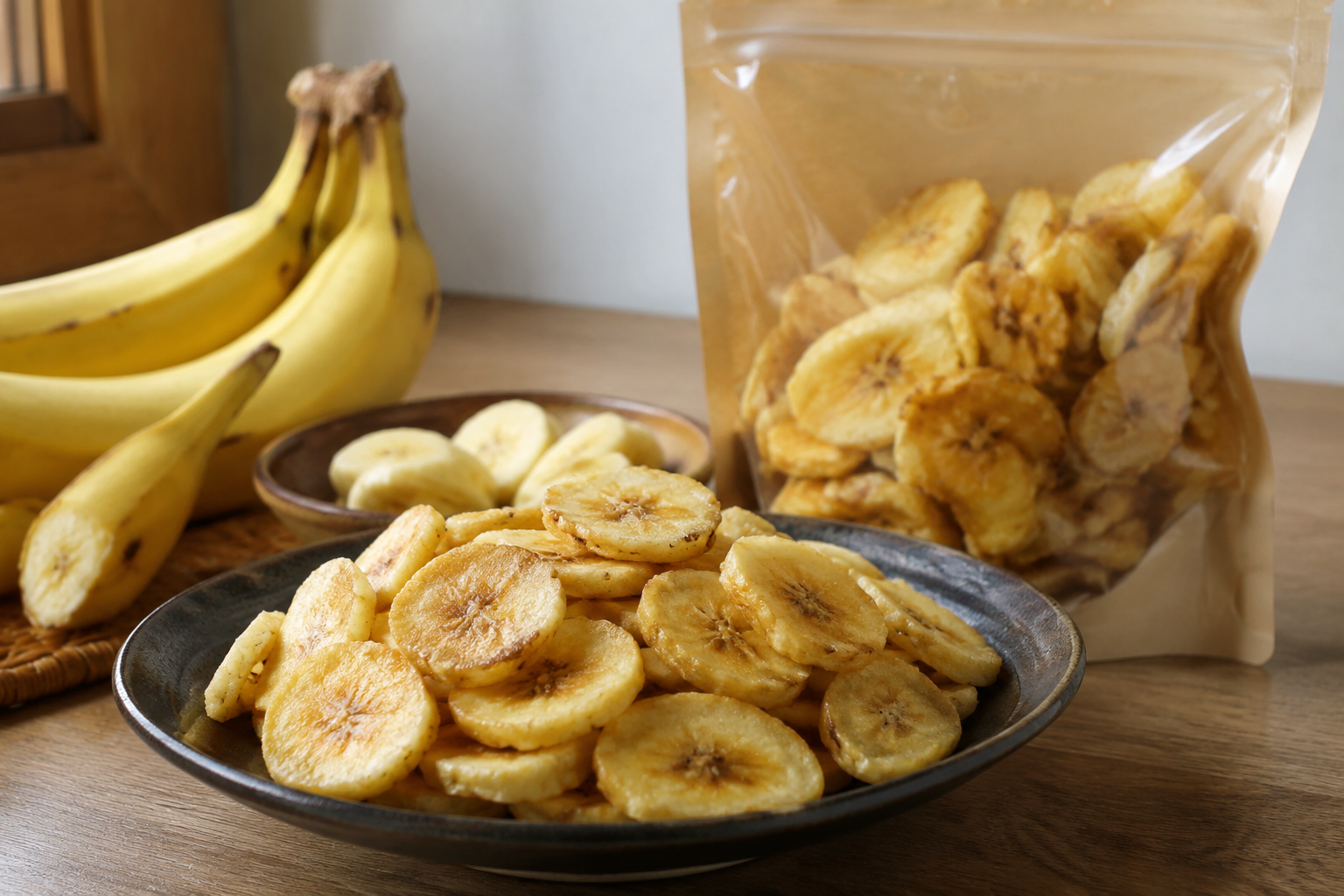 盘装与袋装香蕉脆片食品陈列视觉