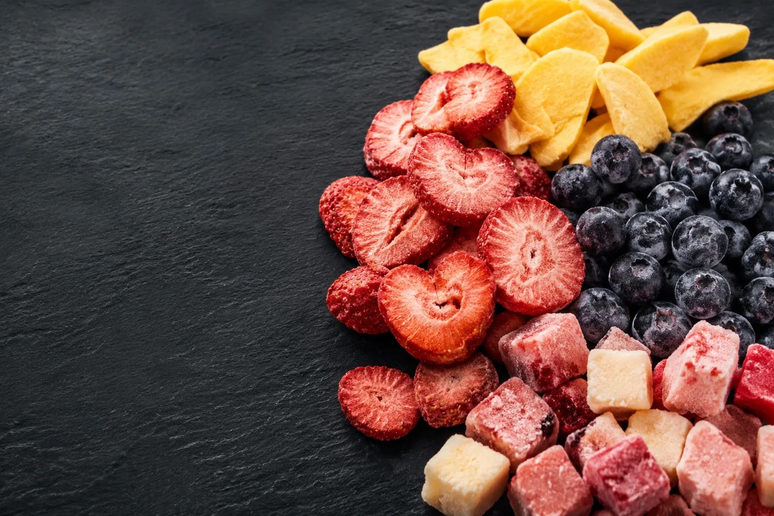 Low-temperature fruit products including frozen berries and fruit pieces