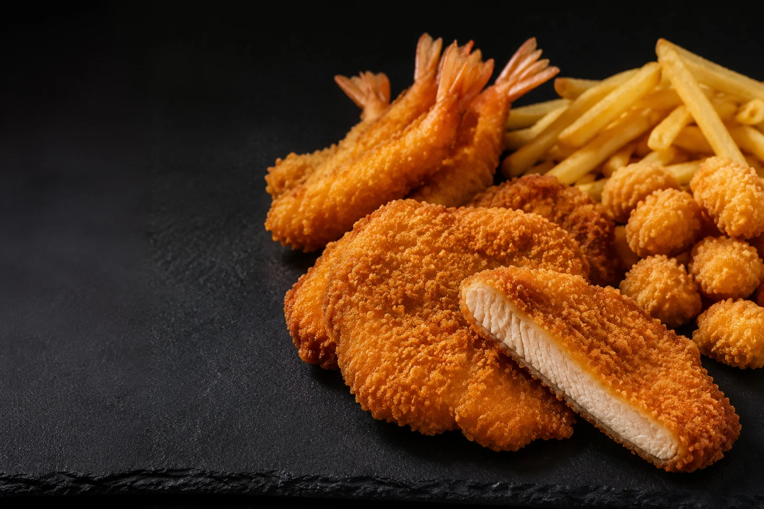 Finished fried food products including breaded chicken, tempura and fries