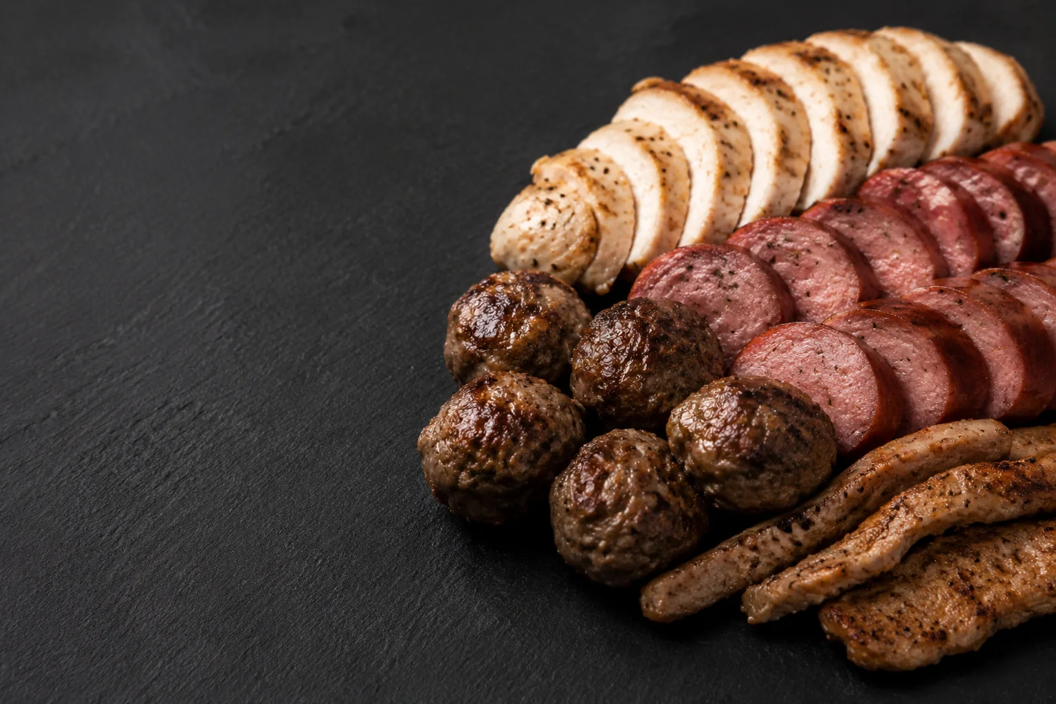 Finished meat products including sliced chicken, sausage and meatballs