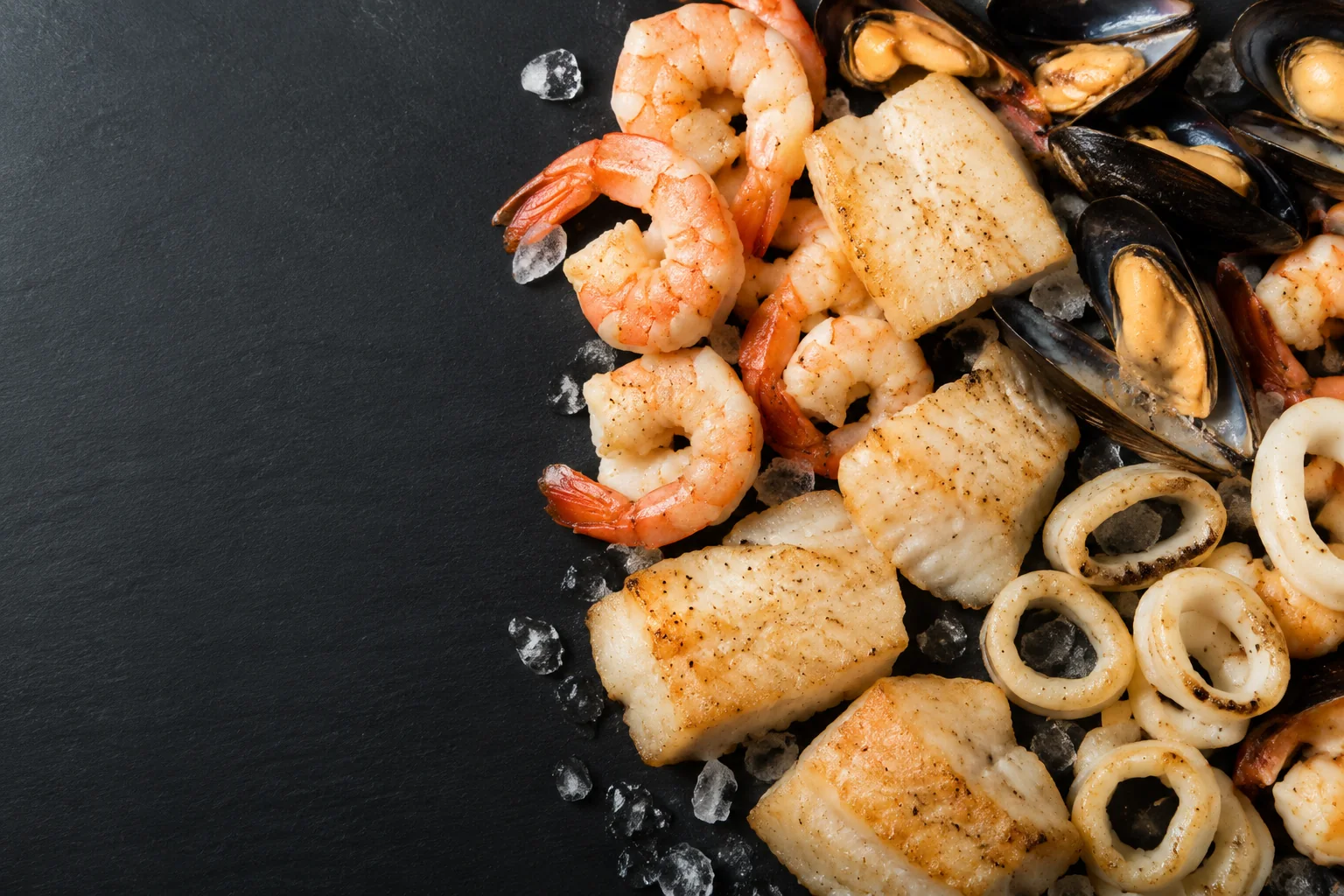 Finished seafood products including shrimp, fish, mussels and squid
